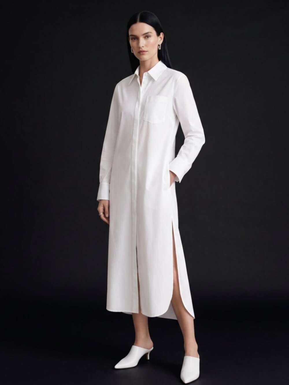 Cos Shirt Dress Button Down White Long Tunic Button Down Long SLeeve Size 6